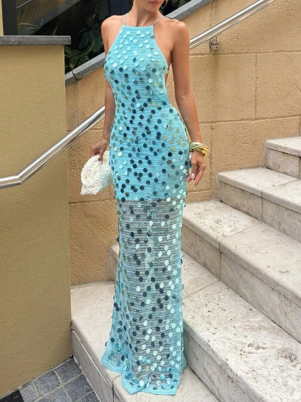 Blue Party Women's Elegant Sequin Knit Backless Bodycon Dress